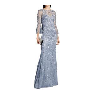 Theia Flounce Sleeve 3-D Embroidered and Beaded  Dusty Blue Gown Size 2